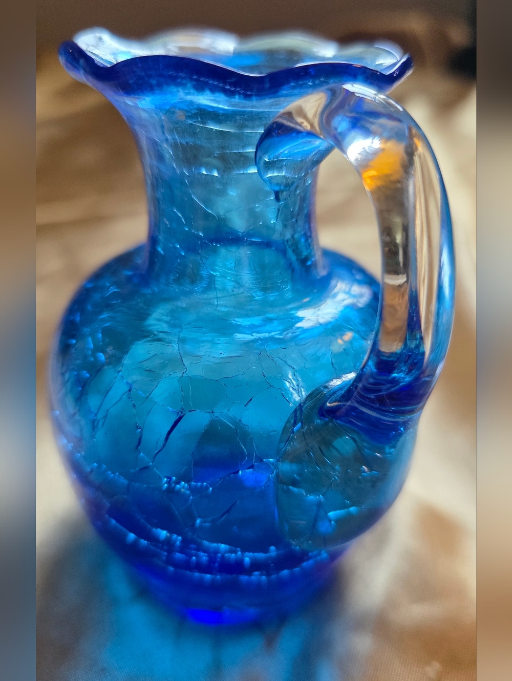 Small Vintage Hand-Blown Cobalt Blue Crackle Glass Pitcher Vase - Picture 10 of 10